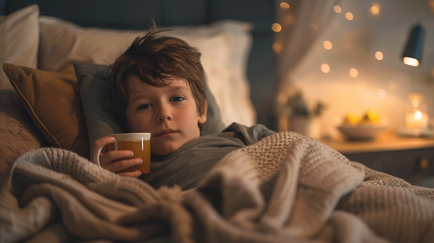 Ein Kind liegt mit Fieber im Bett und hat von der Mutter ein Hausmittel gegen Fieber bekommen.