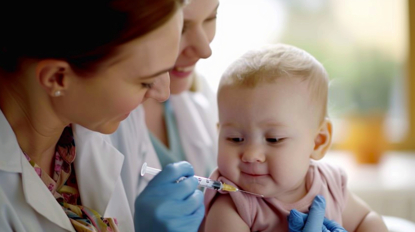 Ein Baby wird bei einer Kinderärztin gegen die typischen Kinderkrankheiten geimpft.