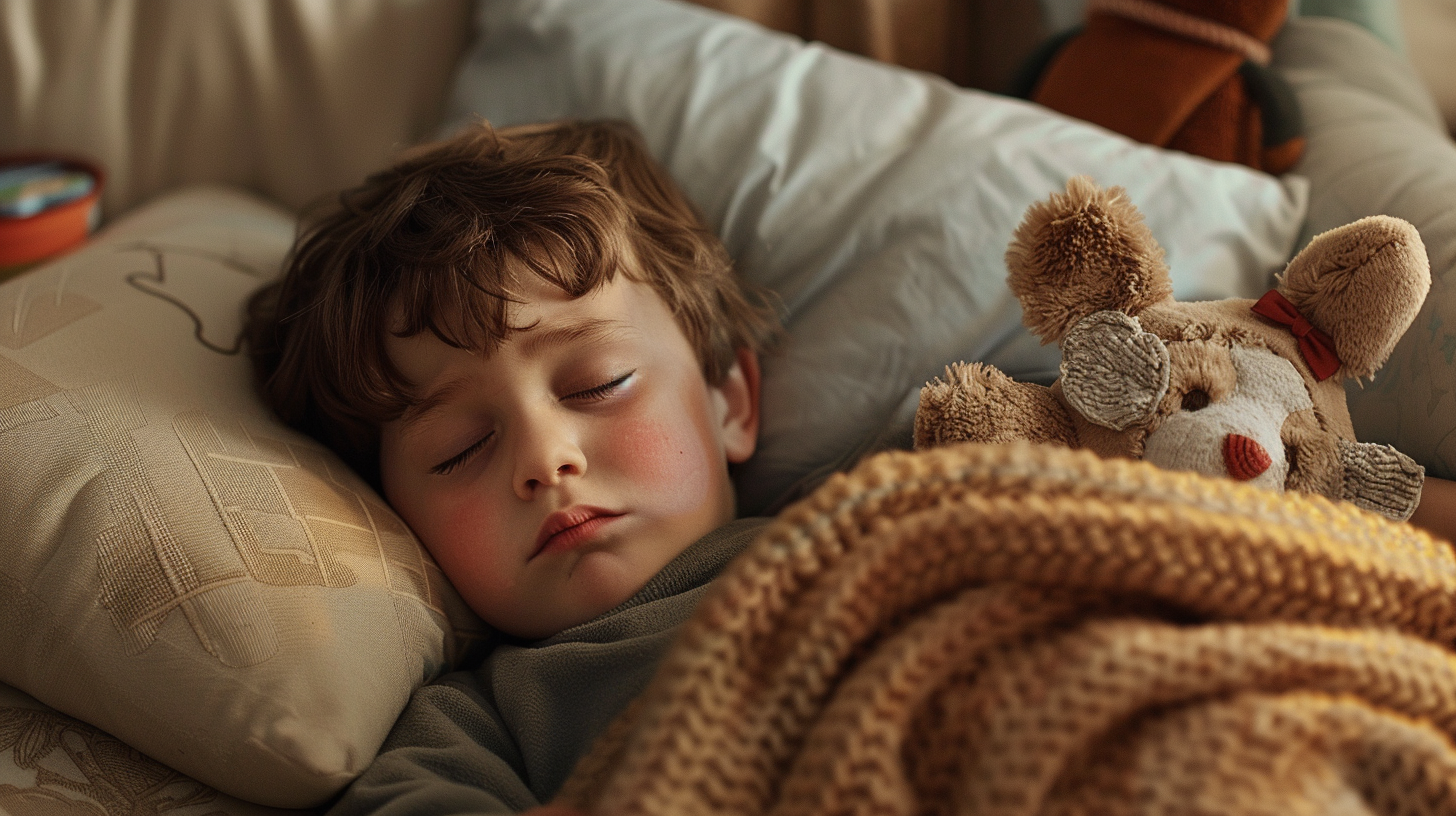 Ein Kind mit Mumps liegt im Bett und ist erschöpft.