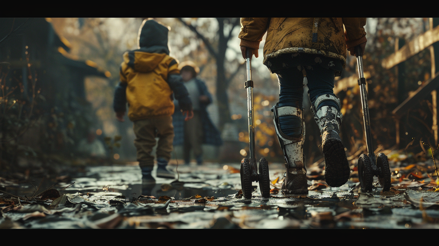 Ein Kind mit Polio läuft mit einer Gehhilfe.