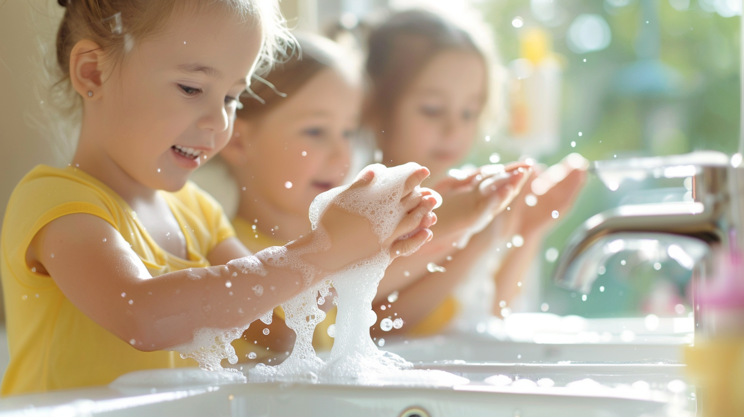 Mehrere Kinder waschen ihre Hände und spielen mit dem entstehenden Schaum.